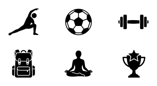 Minimalist sports and fitness icon set, black silhouette gym and wellness symbols, 6 vector elements for athletic training and healthy lifestyle apps