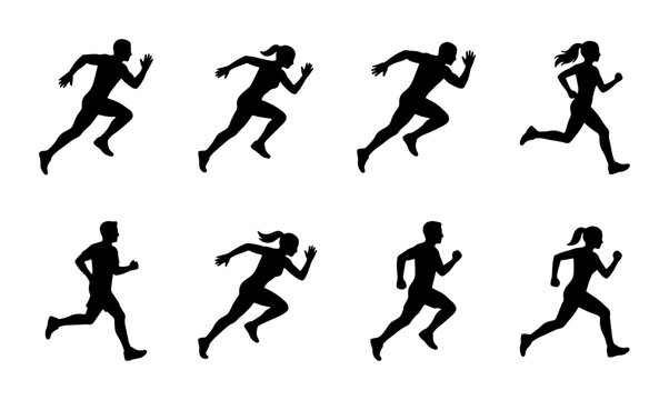 Running silhouette vector set, black male and female runner icons, athletic people sprinting and jogging figures, 8 sport exercise poses