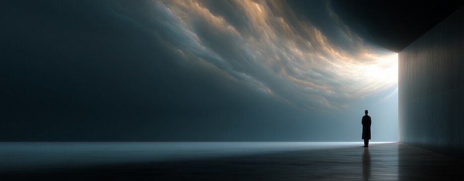 Problematic Thoughts Fear Mindset Solitary Figure in a Dreamlike Environment with Ethereal Light and Dramatic Clouds