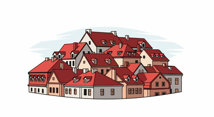 Naklejka premium A charming illustration of a dense cluster of traditional European buildings with red tiled roofs