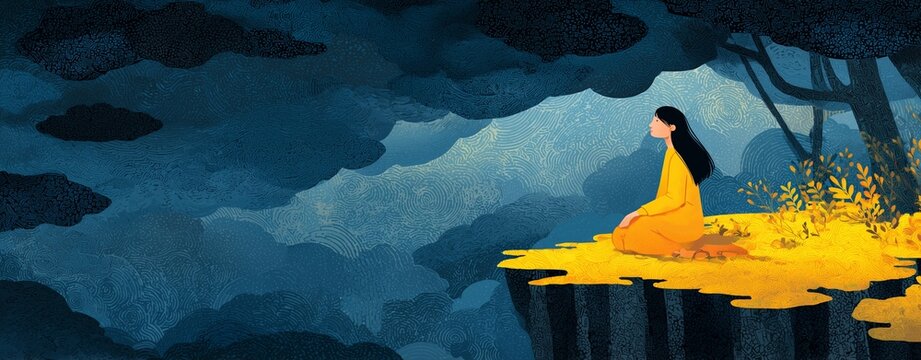 Problematic Thoughts Fear Mindset Serene Meditation Scene on a Cliff with Dramatic Cloudy Sky and Vibrant Yellow Detail