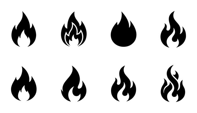 Black fire flame icon set, 8 minimalist burning bonfire silhouettes, flat vector flame symbols for logo design and safety warning signs