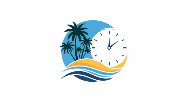 Tropical island scene with palm trees and a clock on a blue background