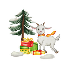 Fototapeta premium A watercolor cartoon goat wearing a red scarf happily hops next to gift boxes and a snow-covered pine tree in a festive winter scene.