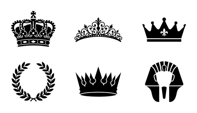 Royal crown silhouette collection, 6 black heraldic icons and symbols, vintage king and queen tiara set, pharaoh and laurel wreath vector elements
