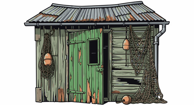 Weathered fishing shack with nets, buoys, and rusted tin roof