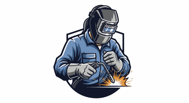 Welder in protective gear using a torch, creating sparks on a surface