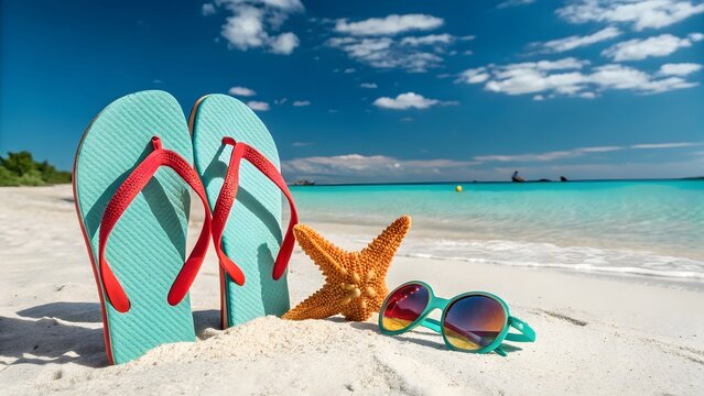 Turquoise Flip Flops and Starfish on Sandy Beach with Ocean and Blue Sky
