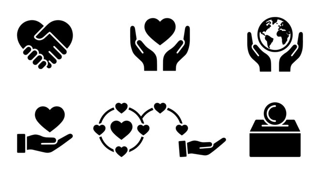 Charity and donation icon set, 6 black solid vector symbols for non-profit organizations, community support and humanitarian aid concepts