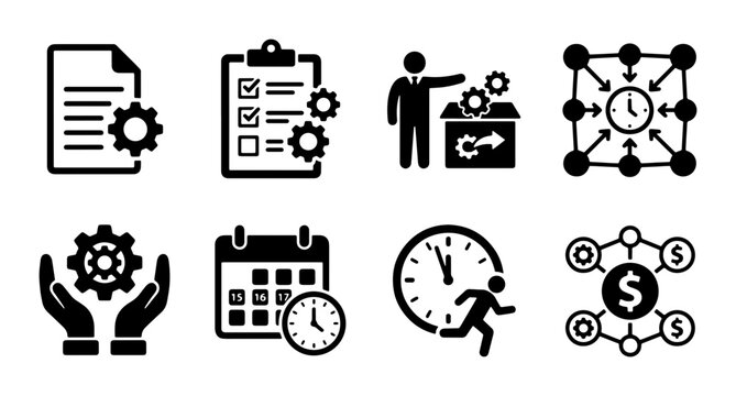Business management icons set, project planning and time tracking vector elements, workflow optimization and financial strategy symbols for corporate presentation