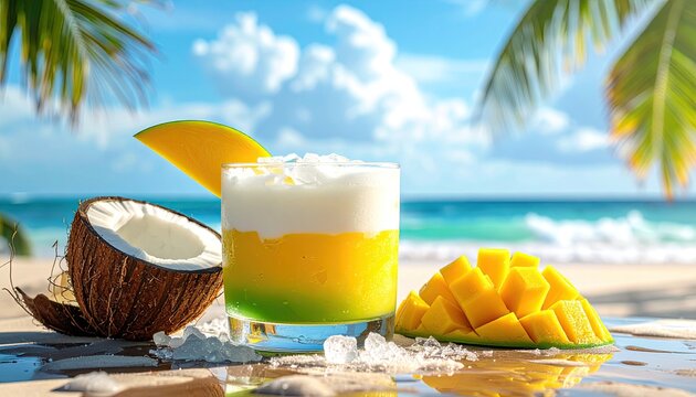 Tropical cocktail with mango & coconut at beach