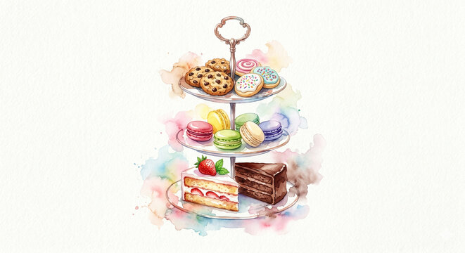 Watercolor 3-tier dessert stand illustration with cakes, macarons and cookies