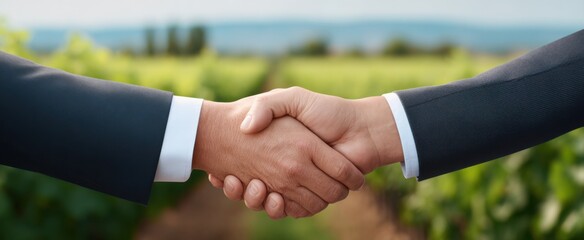 Naklejka premium Successful partnership showcased by a vibrant business handshake amid lush grapevines.