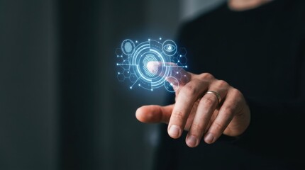 Fototapeta premium Hand tapping biometric authentication icon on holographic interface. Digital identity verification concept.