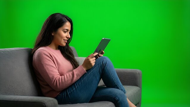 Woman Using Tablet on Sofa Green Screen &mdash; Technology Lifestyle User Chroma Key Video Template Background