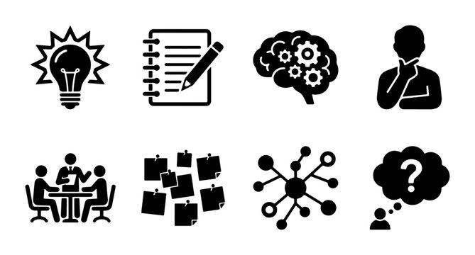 Brainstorming and creative thinking icon set, 8 black solid vector symbols for business innovation, problem solving and idea generation concepts