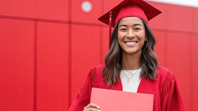 Celebrating graduation in a vibrant red cap and gown with a joyful smile in a modern urban setting