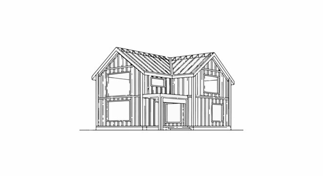 Unfinished wooden house exterior, showing framing and window openings