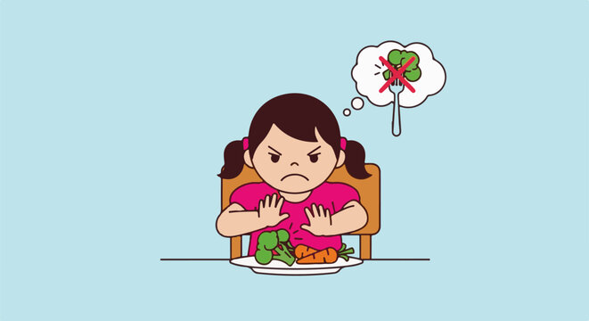 Unhappy child refuses to eat vegetables, thinking of no food