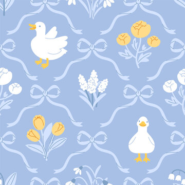 Pastel vintage pattern with flower and goose. Seamless vector elegant blue print with duck and flowers.