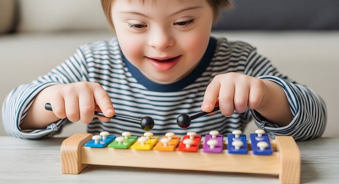 Child with Down syndrome playing wooden xylophone. Happy boy learning music with colorful toy instrument. Creative development and inclusive education for children with special needs.
