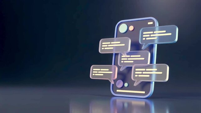 Smartphone chat interface floating message bubbles digital communication social media network futuristic glowing concept