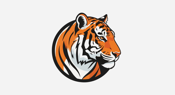 Stylized tiger head, bold orange, white, and black stripes