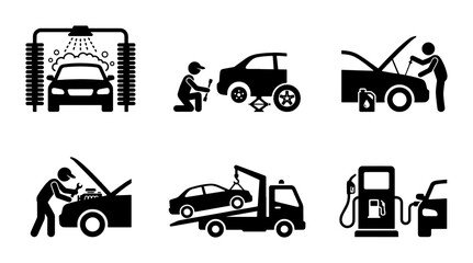 Car service and auto repair icon set, black silhouette vehicle maintenance pictograms, 6 automotive garage and car wash vector elements © Mahin