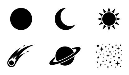 Minimalist celestial space icons set, black astronomical symbols of sun moon and planets, 6 vector elements for astronomy and astrology design © Mahin