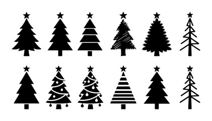 Minimalist Christmas tree icons set, black silhouette pine tree collection with stars, 12 vector holiday fir tree symbols for winter greeting cards © Mahin