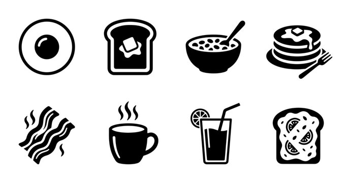 Breakfast food icon set, black minimalist morning meal symbols, 8 vector elements featuring eggs bacon coffee and pancakes for restaurant menus
