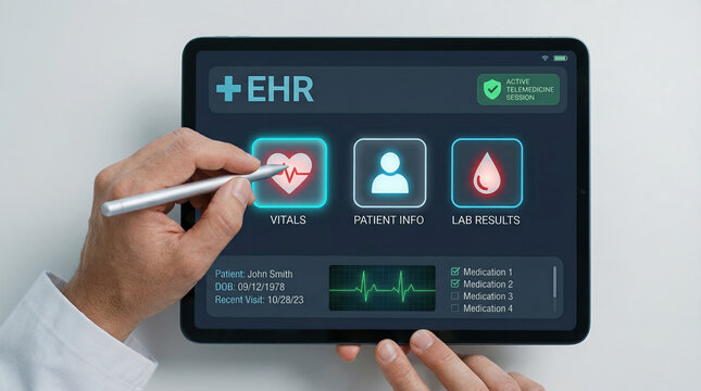 Electronic Health Record EHR interface on tablet, doctor using stylus for digital patient management, medical data software with vitals and lab results