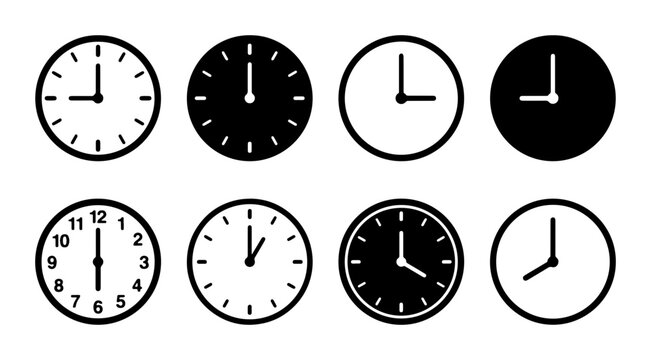 Minimalist clock icon set with 8 vector elements, black and white wall clock face collection, modern time management symbols for business UI