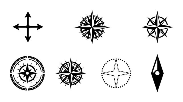 Nautical compass rose icons set, vintage wind rose navigation symbols, black map orientation signs, 7 vector elements for travel and cartography