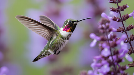 Fototapeta premium A hummingbird hovers near purple flowers in a natural setting on transparent background