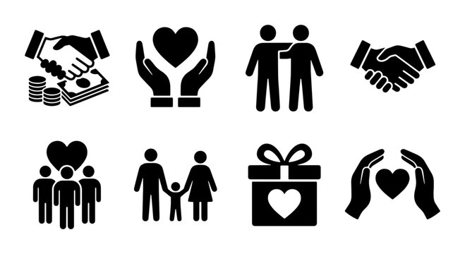 Charity and community icon set, 8 black solid vector symbols for donation and support, family and friendship relationship icons for non-profit organizations