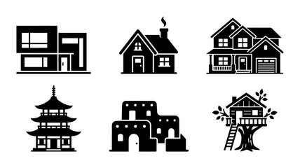 Fototapeta premium Modern and traditional house icons set, black silhouette building vector collection, residential architecture styles including pagoda and treehouse