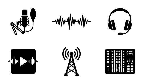 Podcast and radio broadcasting icons set, professional audio recording equipment vector collection, black studio sound symbols for web design