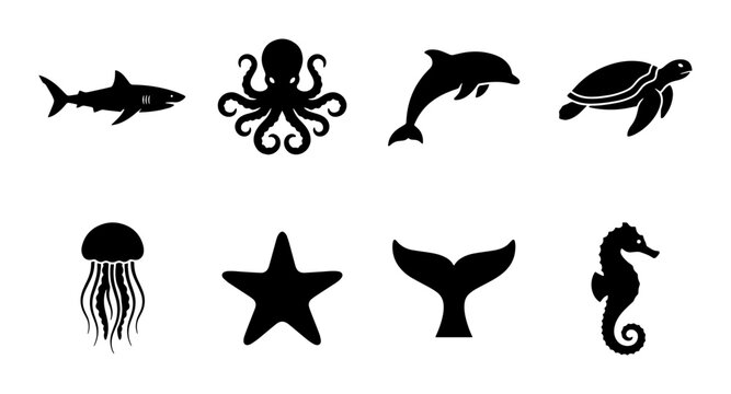 Marine life silhouette icons set, black sea animal vector collection, aquatic creature symbols including shark octopus dolphin and turtle