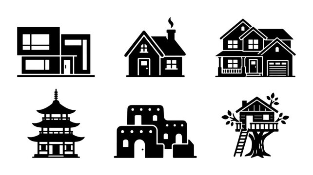 Modern and traditional house icons set, black silhouette building vector collection, residential architecture styles including pagoda and treehouse