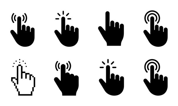 Minimalist hand cursor icon set, black computer mouse click symbols, 8 vector finger pointer signs for website navigation and app interface design