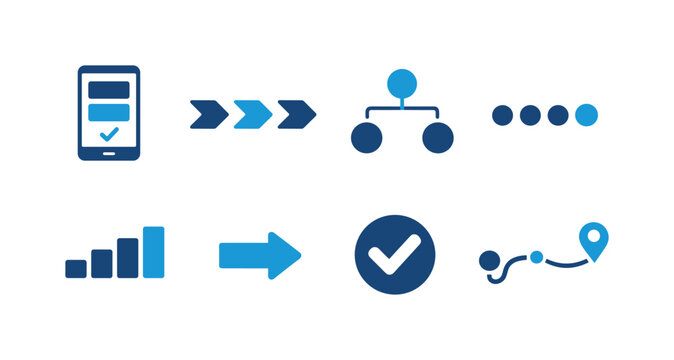 Minimal blue interface icons showing mobile verification, progress arrows, hierarchy nodes, pagination dots, growth chart, navigation route, and approval checkmark