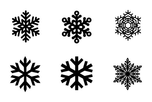 Minimalist black snowflake icons set, 6 winter snow crystal vector silhouettes, geometric ice flake symbols for Christmas holiday design