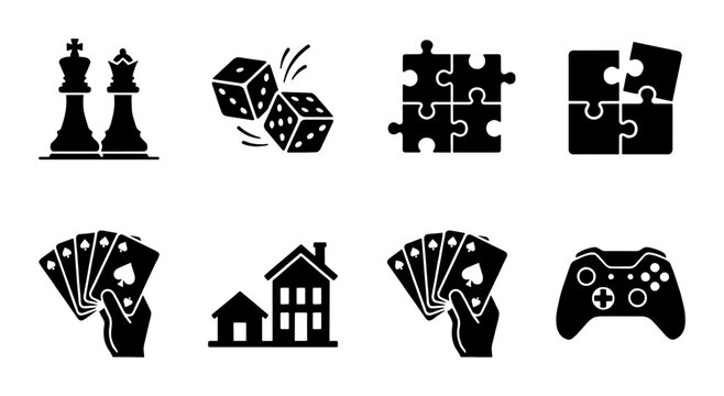 Board game and hobby icons set, black solid vector symbols of chess dice and puzzle, gaming and entertainment collection for web design