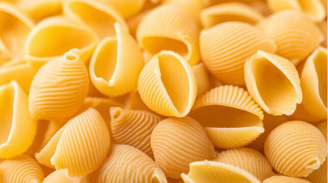 Uncooked conchiglie pasta creating a textured background, shapes and ridges highlighted with warm yellow tones