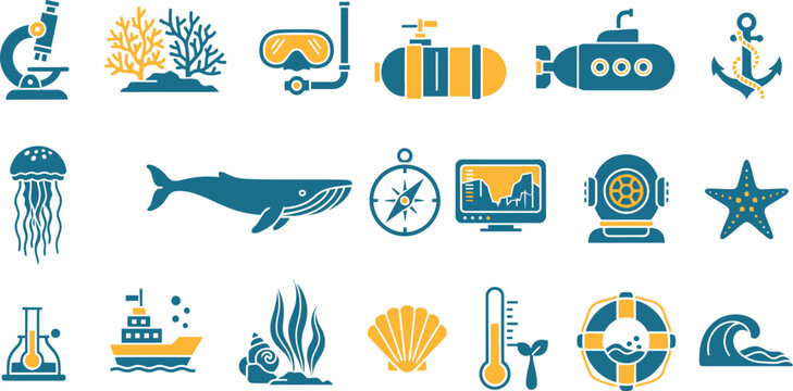 Diverse icons representing marine science, exploration, and oceanography Vector
