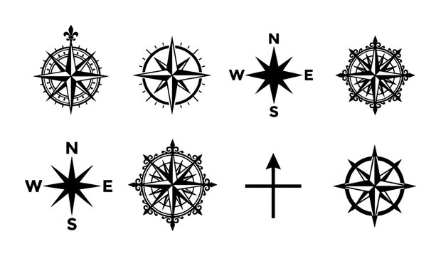 Vintage nautical compass rose collection, set of 8 black wind rose vector icons, antique maritime navigation symbols for maps and travel design