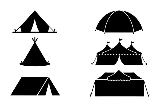Minimalist camping tent icons set, black silhouette outdoor shelter collection, 6 vector tent symbols for adventure and travel maps