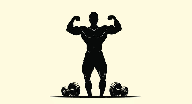 Silhouette Of Muscular Bodybuilder Flexing Biceps.