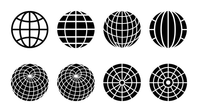 Minimalist globe grid icons set, black earth sphere vector collection, 8 geometric world map symbols for global business and logistics branding